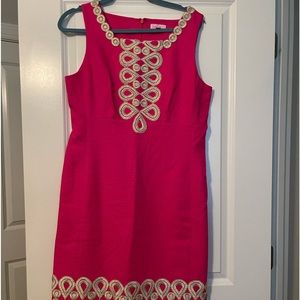 Lilly Pulitzer Adelson Shift Gold Lace Dress in Pink Salmon size 12 EUC